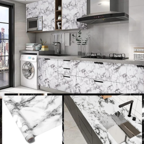 Self Adhesive White Marble Sheet Sticker For Kitchen, Cupboard, Wall