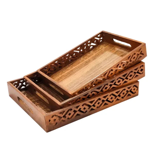 Wooden Serving Tray Set With Handles